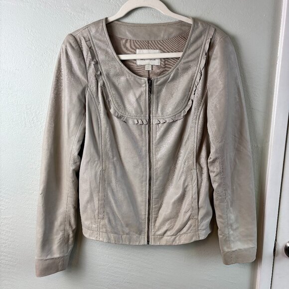 Hinge Leather Jacket Gray Ruffle Trim Zip Front Women’s Size M Medium READ - Picture 1 of 9